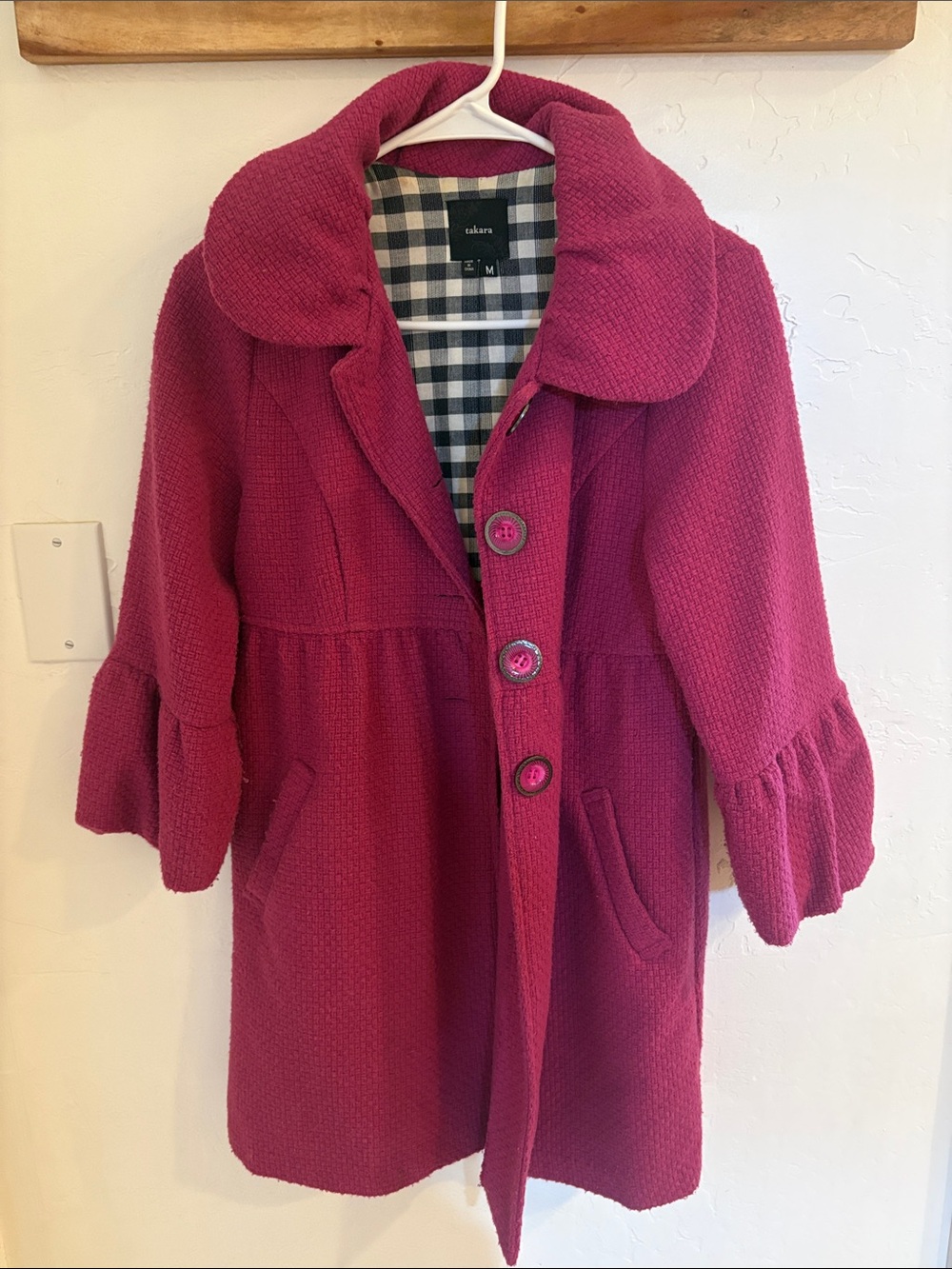 Takara Raspberry Textured Pea Coat with Ruffled Sleeves